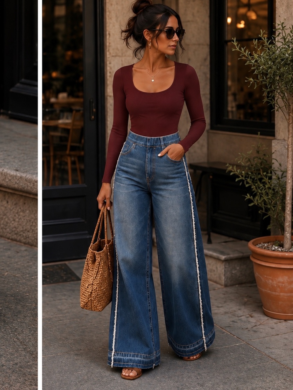 Wide leg frayed hem pull on blue jeans Small LYSSE - Picture 2 of 10
